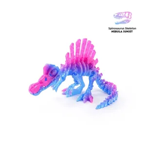 Detailed macro shot of 3D printed Spinosaurus dinosaur skeleton toy in pink and blue