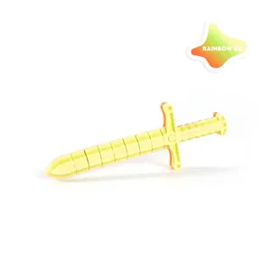 Close-up of a yellow 3D printed collapsible sword toy on white background.