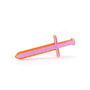 Detailed view of the 3D printed telescoping gravity sword toy in rainbow pink orange