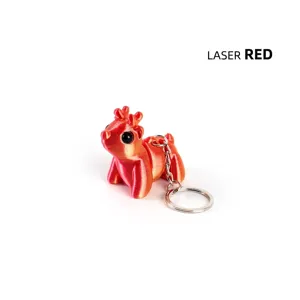 Close-up macro detail of a 3D printed articulated reindeer keychain in laser red