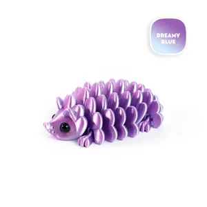 Detailed 3D printed articulated hedgehog toy figurine in dreamy blue and purple gradient