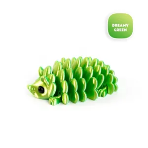 Detailed view of a green 3D printed articulated hedgehog toy on a white background.