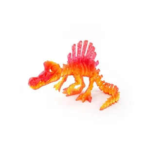 Detail view of a 3D printed Spinosaurus skeleton toy in vibrant orange pink gradient