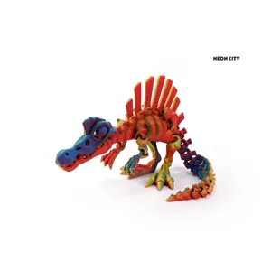 Detailed view of 3D printed Spinosaurus skeleton toy with neon gradient colors