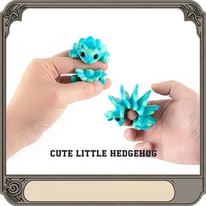 Articulated 3D printed blue hedgehog toy shown being manipulated by hands on white background