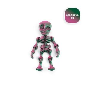 Macro view of a 3D printed articulated skeleton in a vibrant magenta and green gradient.
