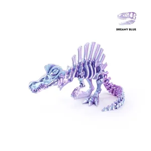 Detailed macro view of 3D printed Spinosaurus skeleton toy in iridescent Dreamy Blue finish