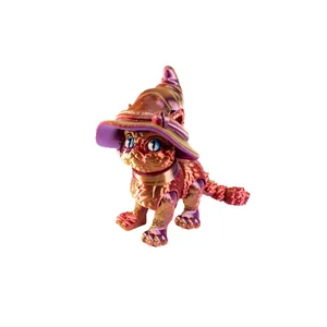3D-geprinte magische kat figuur met iriserende metallic finish en toenaarshoed