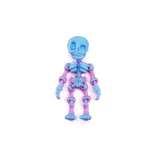 Detailed view of 3D printed articulated skeleton with vibrant blue and pink gradient