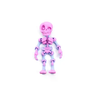 Close-up of articulated 3D printed skeleton toy with pink and blue gradient finish