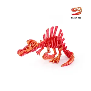 Detail view of 3D printed spinosaurus dinosaur skeleton toy in silk laser red finish