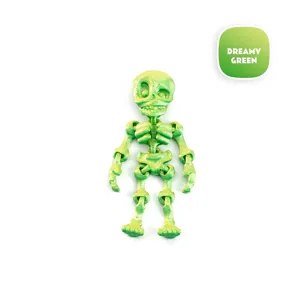 Detail of 3D printed articulated skeleton toy in dreamy green gradient color.