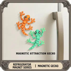 3D printed articulated magnetic gecko fridge magnets in vibrant orange and green