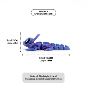 3D printed articulated axolotl magnetic ornament size chart in purple and blue