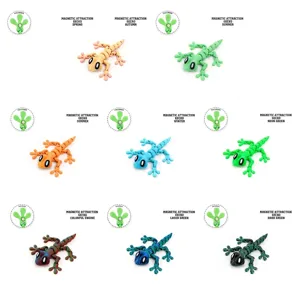 3D printed articulated magnetic gecko toy set in multiple vibrant colorful patterns