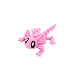 Vibrant pink 3D printed articulated axolotl figure for desktop or refrigerator decoration