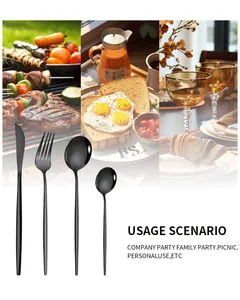 Modern black stainless steel cutlery set illustrated in various dining scenarios