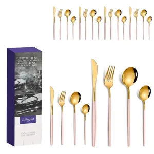 Detailed view of pink and gold 24-piece stainless steel cutlery set with gift box