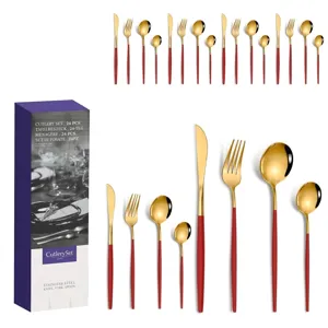Detailed view of 24pcs gold and red stainless steel cutlery set with packaging box