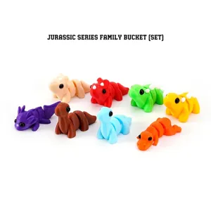 Detailed macro view of a set of 8 colorful 3D printed PLA cartoon dinosaur toy figurines
