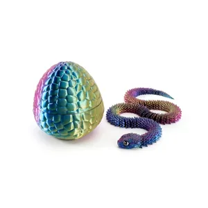 3D printed articulated snake and scaled egg toy set in rainbow silk gradient finish
