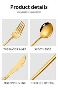 Detail of gold stainless steel cutlery set showing mirror polishing and sharp blade