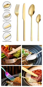 Detail views and usage scenes of gold and silver stainless steel square handle cutlery set.