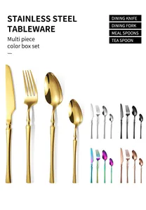 Detailansicht eines bunten Bestecksets aus Edelstahl mit Messern, Gabeln und Löffeln