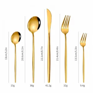 Detailed dimensions and weights for each piece in the gold stainless steel cutlery set
