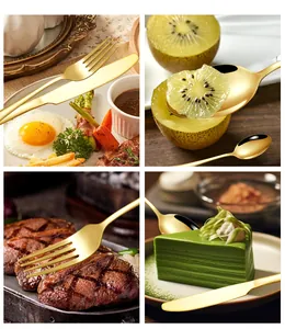 Premium gold stainless steel cutlery set shown in various gourmet food serving scenarios