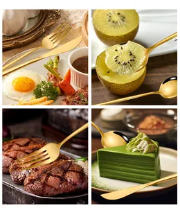 Detailed scenarios of golden stainless steel cutlery with steak, cake, and fruit