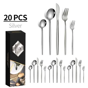 Elegant 20-piece silver stainless steel cutlery set with knives forks and spoons