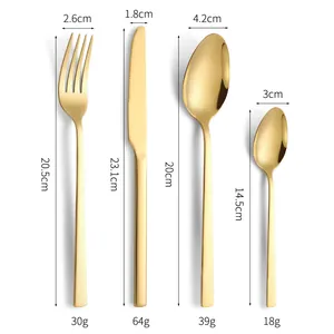 Macro view showing dimensions and weight of golden stainless steel cutlery set