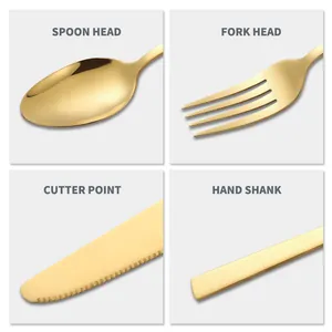 Detailed close-ups of gold stainless steel fork, spoon, and serrated steak knife set