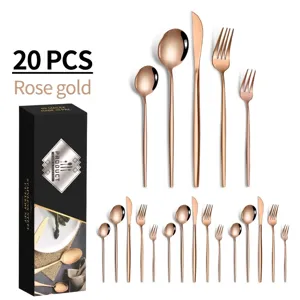 Premium 20-piece rose gold stainless steel cutlery set with elegant gift box packaging