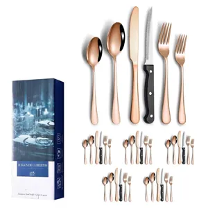 36-piece rose gold stainless steel silverware set with an elegant blue gift box.