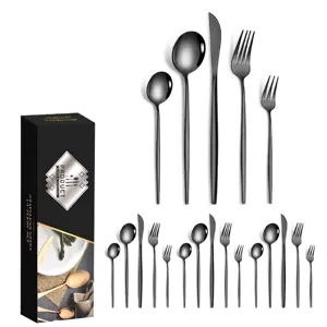 20-piece black stainless steel cutlery set with steak knives, forks, and spoons