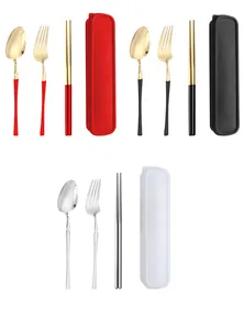 Portable stainless steel cutlery sets in red-gold, black-gold, and silver options.