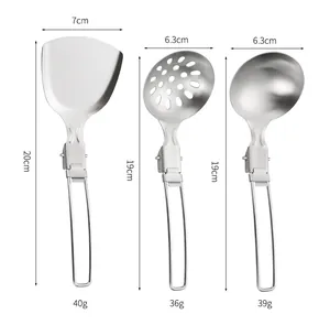 Folding stainless steel camping spatula, ladle and slotted spoon with dimensions
