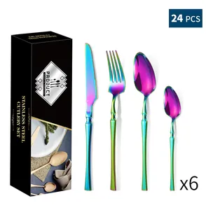Iridescent stainless steel cutlery set with slender handle in a black gift box 24pcs set