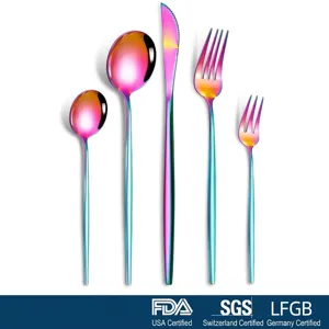 Elegant rainbow iridescent stainless steel cutlery set including knife forks and spoons