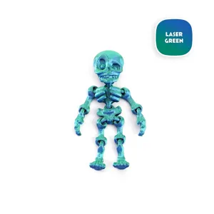Detailed macro shot of the 3D printed articulated skeleton toy in metallic laser green.