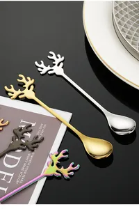 Detail showing four colors of stainless steel deer antler coffee stirring spoons