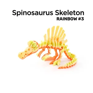 Detailed view of 3D printed articulated Spinosaurus skeleton toy in rainbow colors