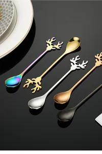 Set of 304 stainless steel coffee spoons with creative elk antler handle design.