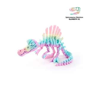 Detailed macro view of 3D printed Spinosaurus dinosaur skeleton in rainbow colors