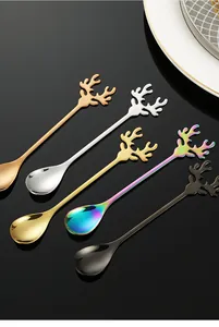 Creative 304 stainless steel spoons with reindeer antler handles in multiple colors