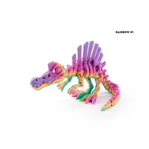 Detailed view of a 3D printed rainbow gradient spinosaurus dinosaur skeleton toy