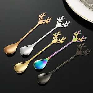Set of 5 creative stainless steel reindeer antler spoons in various metallic colors