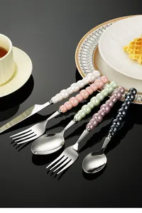Detail of 304 stainless steel cutlery set with elegant colorful pearl bubble handles